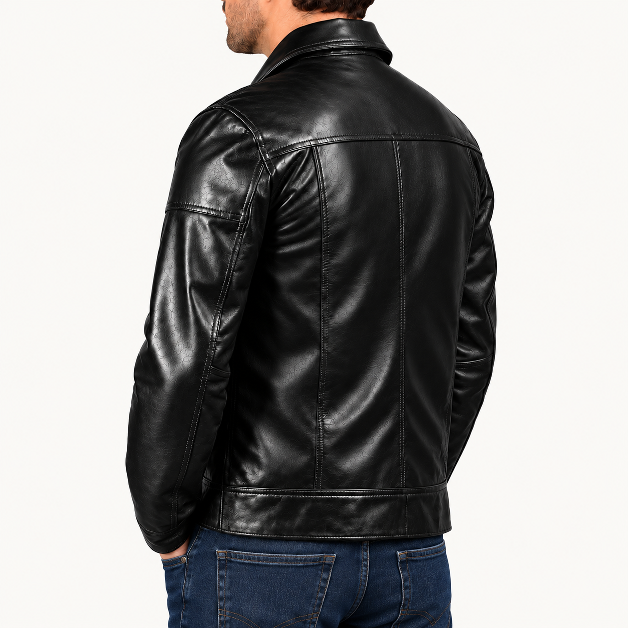 Men's Classic Black Leather Jacket – Zip-Up Biker Jacket with Shirt Collar Gallery